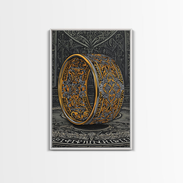 Canvas Gold Art Ornate Norse Ring Canvas Art – Nordic Mythology Viking Jewelry Wall Art, Unique Dad Gift framed with natural wood