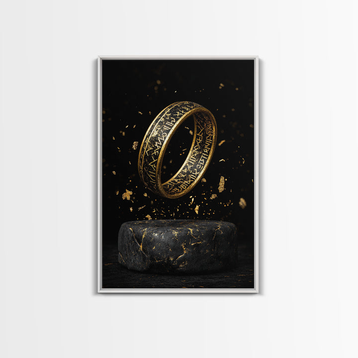 Viking Rune Ring Canvas Gold Art Canvas Art – Nordic Mythology Office Wall Art, Norse Man Cave Decor with handcrafted real wood frame