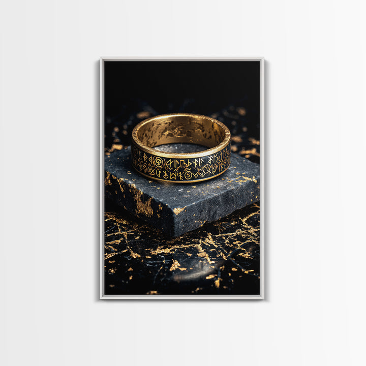 Norse Rune Ring Canvas Gold Art Canvas Art – Viking Jewelry Inspired Office Wall Art, Nordic Man Cave Decor framed in wood frame