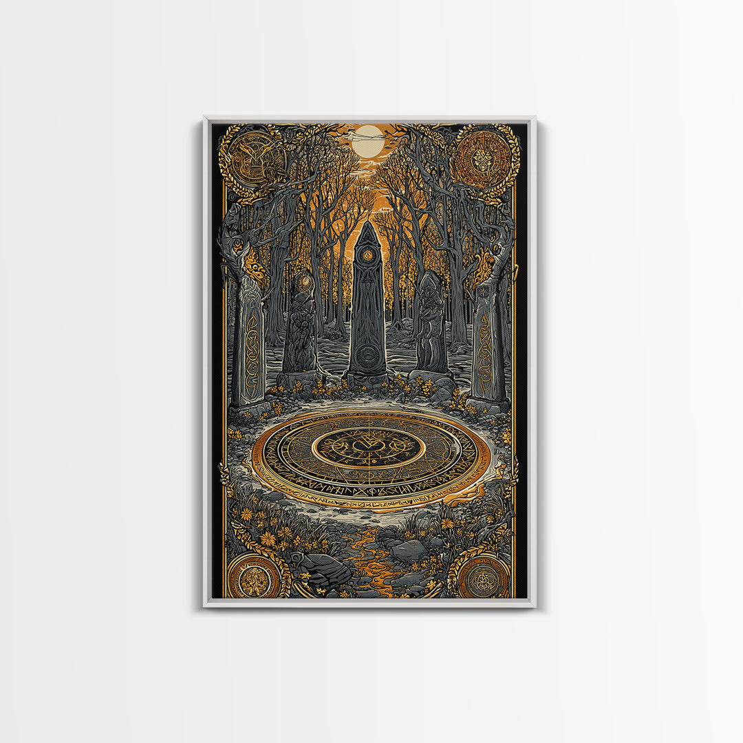 Nordic Ritual Circle Canvas Gold Art, Viking Pagan Canvas Art for Man Cave or Office, framed in natural wood for bold decor