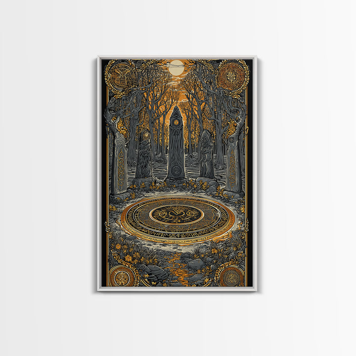 Nordic Ritual Circle Canvas Gold Art, Viking Pagan Canvas Art for Man Cave or Office, framed in natural wood for bold decor