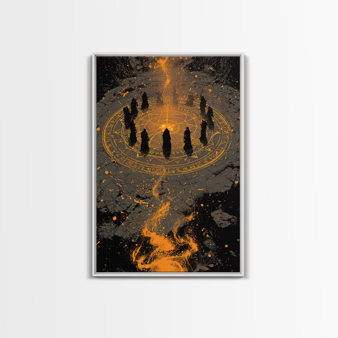 Mystical Norse Ritual Gathering Canvas Gold Art, Viking Pagan Canvas Art Wall Hanging with real wood frame, Dad Gift or Office Art