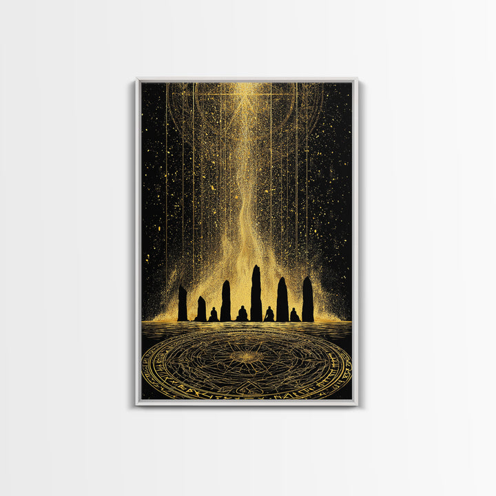 Canvas Gold Art Norse Ritual Stone Circle Canvas Art – Viking Ceremony Wall Art, Nordic Office Decor for Men framed in natural wood