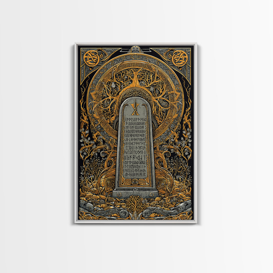 Runestone Engraved with Ancient Runes Canvas Gold Art, Nordic Mythology Canvas Art framed in real wood, Man Cave or Office Decor
