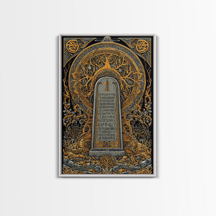 Runestone Engraved with Ancient Runes Canvas Gold Art, Nordic Mythology Canvas Art framed in real wood, Man Cave or Office Decor