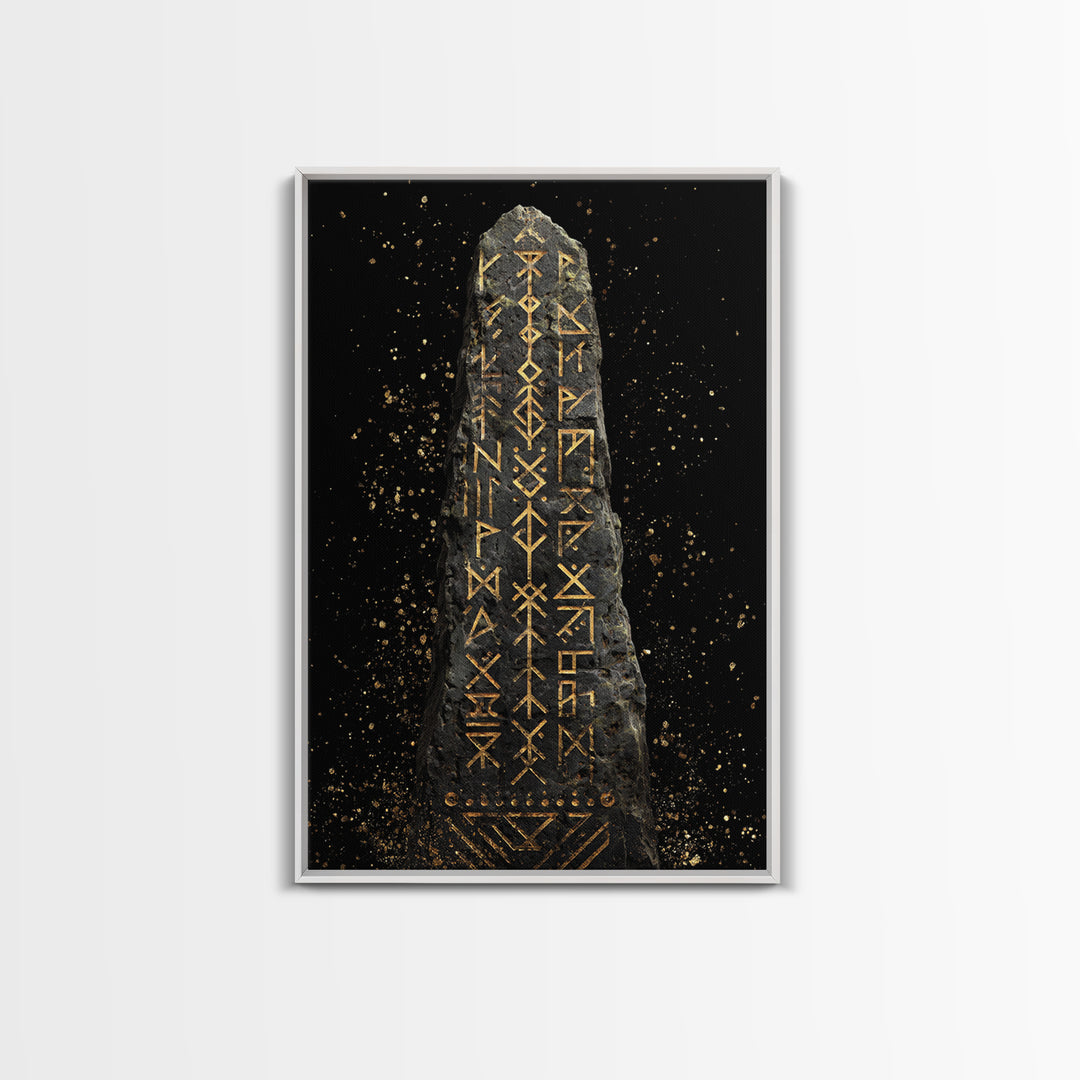 Golden Norse Rune Stone Canvas Gold Art, Mythology Inspired Viking Canvas Art framed in real wood, Office Art or Man Cave Accent