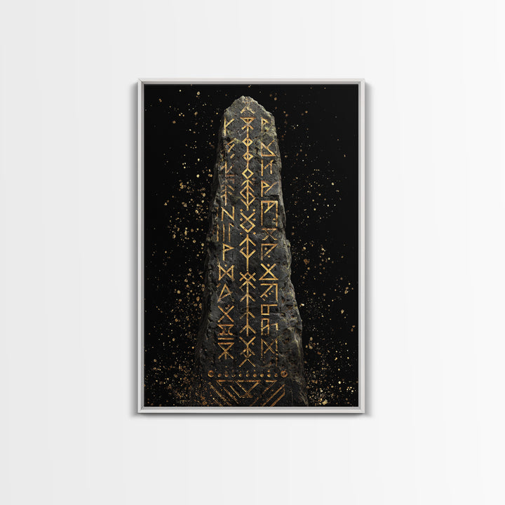 Golden Norse Rune Stone Canvas Gold Art, Mythology Inspired Viking Canvas Art framed in real wood, Office Art or Man Cave Accent