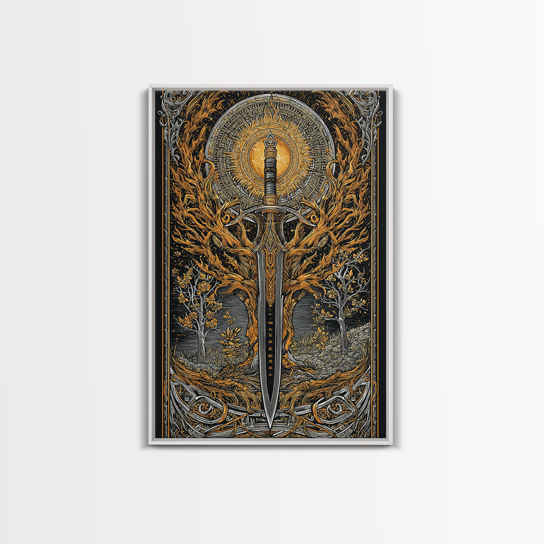 Viking Spear and Sacred Sun Canvas Gold Art, Nordic Weapon Canvas Art framed in natural wood, Bold Man Cave Decor or Office Wall Art