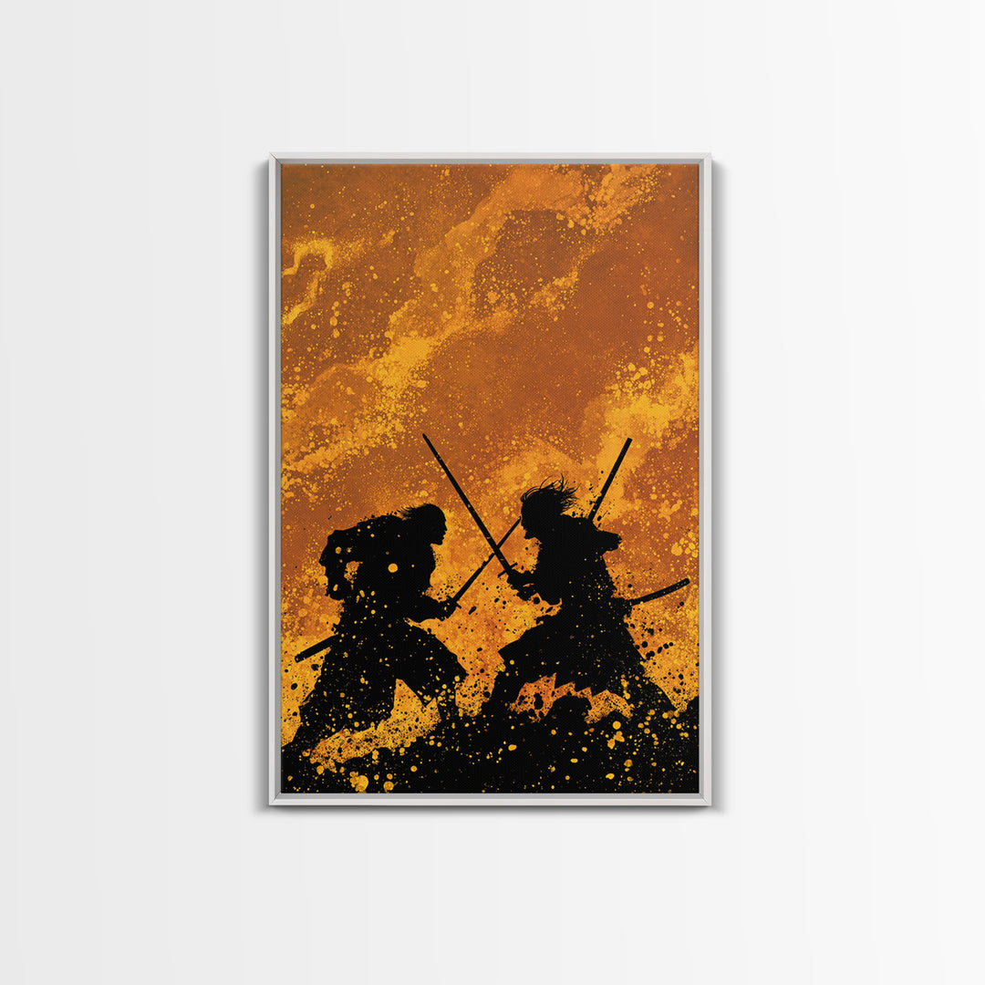 Viking Army Fight Scene Canvas Gold Art, Nordic Mythology Battle Canvas Art framed in natural wood, Bold Wall Decor for Men
