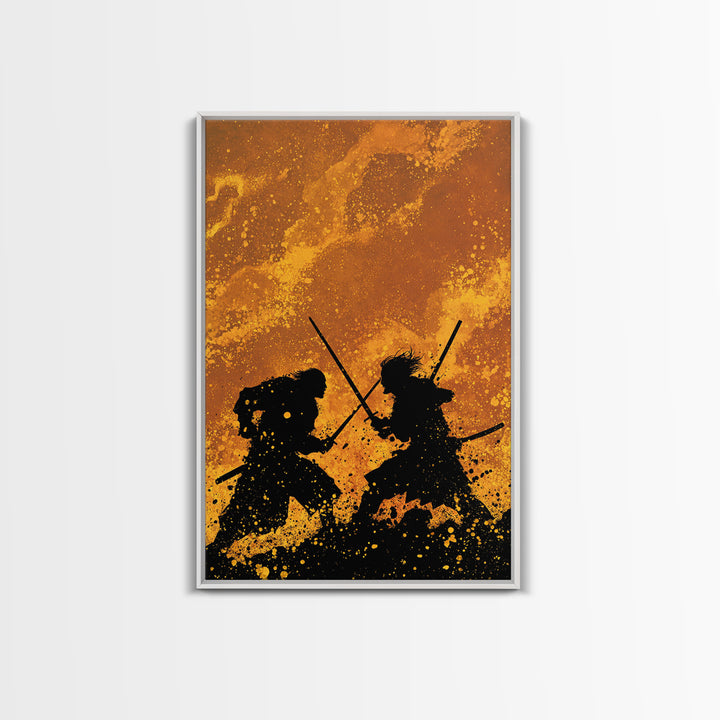 Viking Army Fight Scene Canvas Gold Art, Nordic Mythology Battle Canvas Art framed in natural wood, Bold Wall Decor for Men