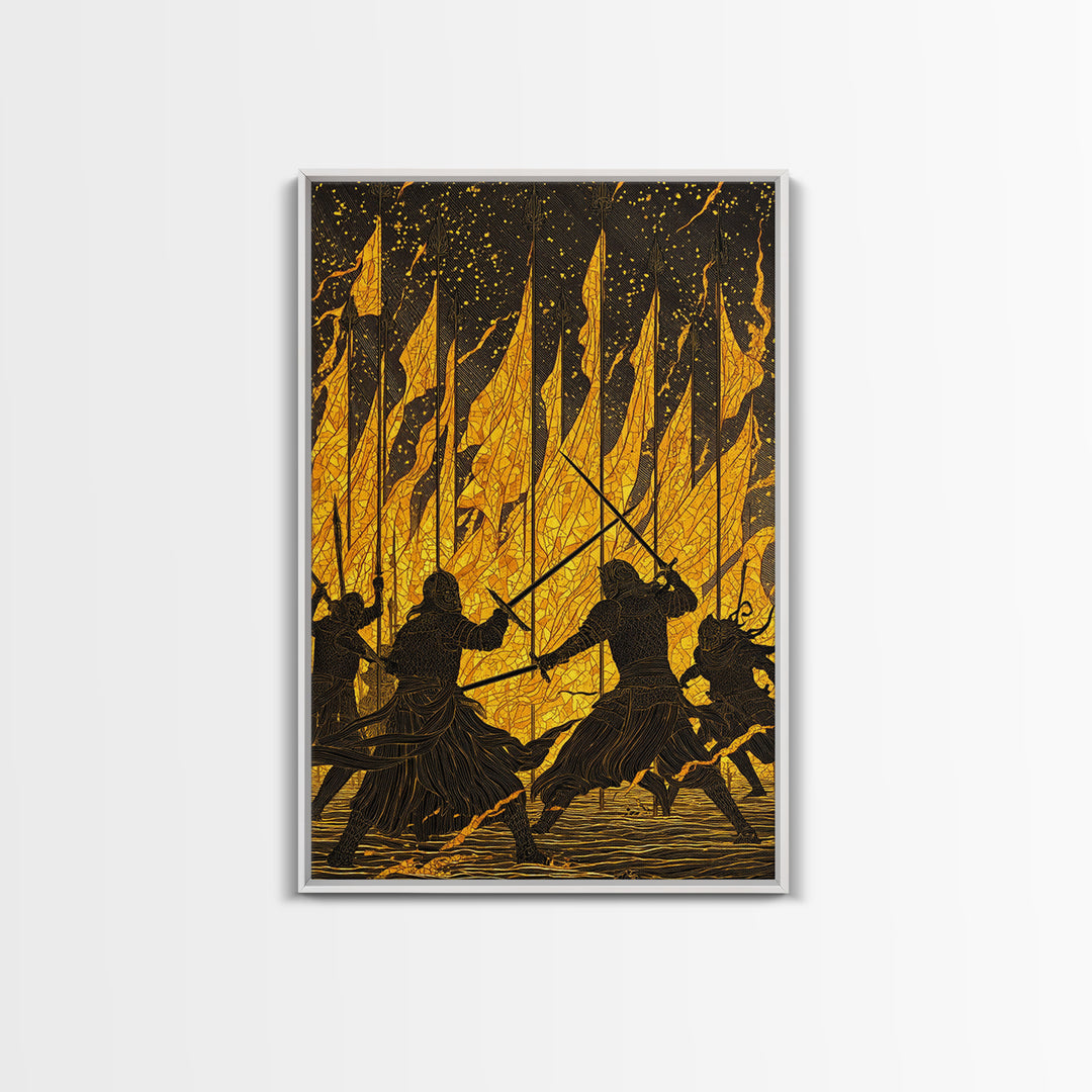 Warriors Clash in Fiery Nordic Battle Canvas Gold Art, Viking Combat Canvas Art framed with real wood, Man Cave Office Wall Accent