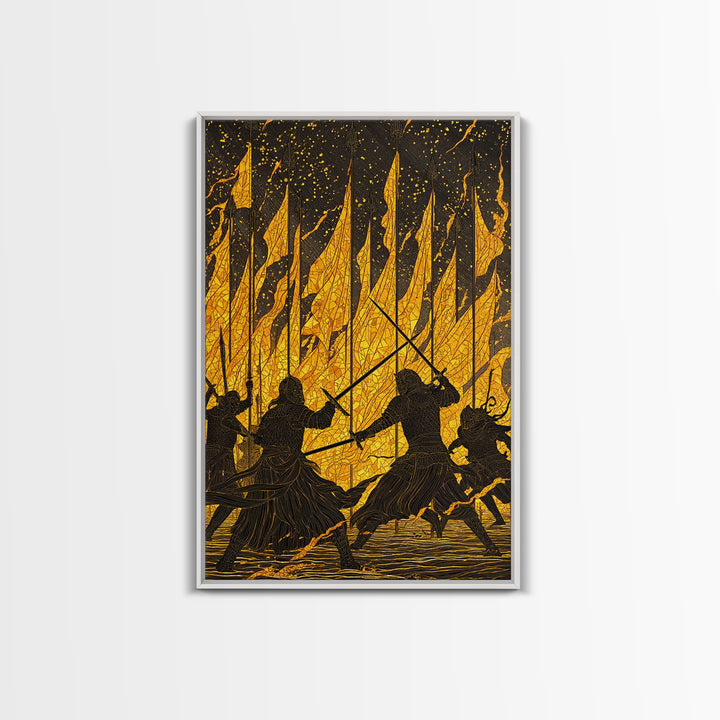 Warriors Clash in Fiery Nordic Battle Canvas Gold Art, Viking Combat Canvas Art framed with real wood, Man Cave Office Wall Accent