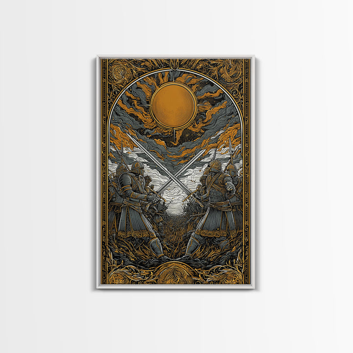 Nordic Mythology Battlefield Canvas Gold Art, Viking Warriors Canvas Art with natural wood frame, Strong Office Decor or Dad Gift