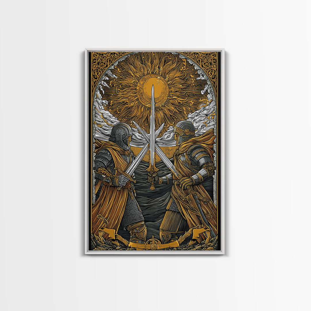 Norse Warriors in Battle Canvas Gold Art, Viking Canvas Art with real wood frame, Perfect for Man Cave, Office Wall Art, or Dad Gift
