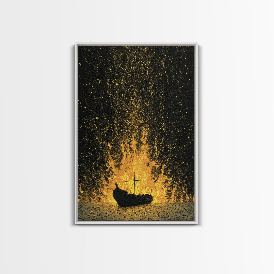 Viking Funeral Ship Canvas Gold Art Canvas Art Norse Burial Scene Wall Decor for Man Cave or Office, framed in real wood
