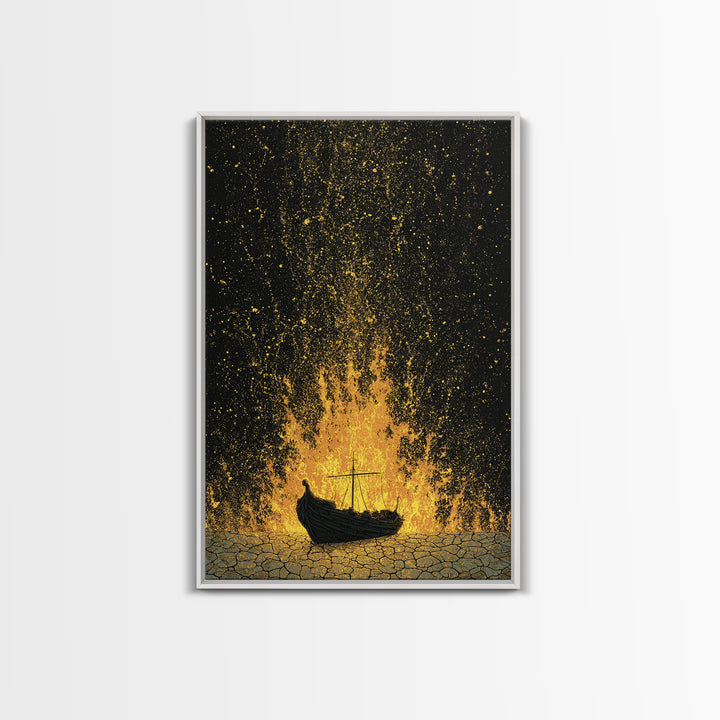 Viking Funeral Ship Canvas Gold Art Canvas Art Norse Burial Scene Wall Decor for Man Cave or Office, framed in real wood