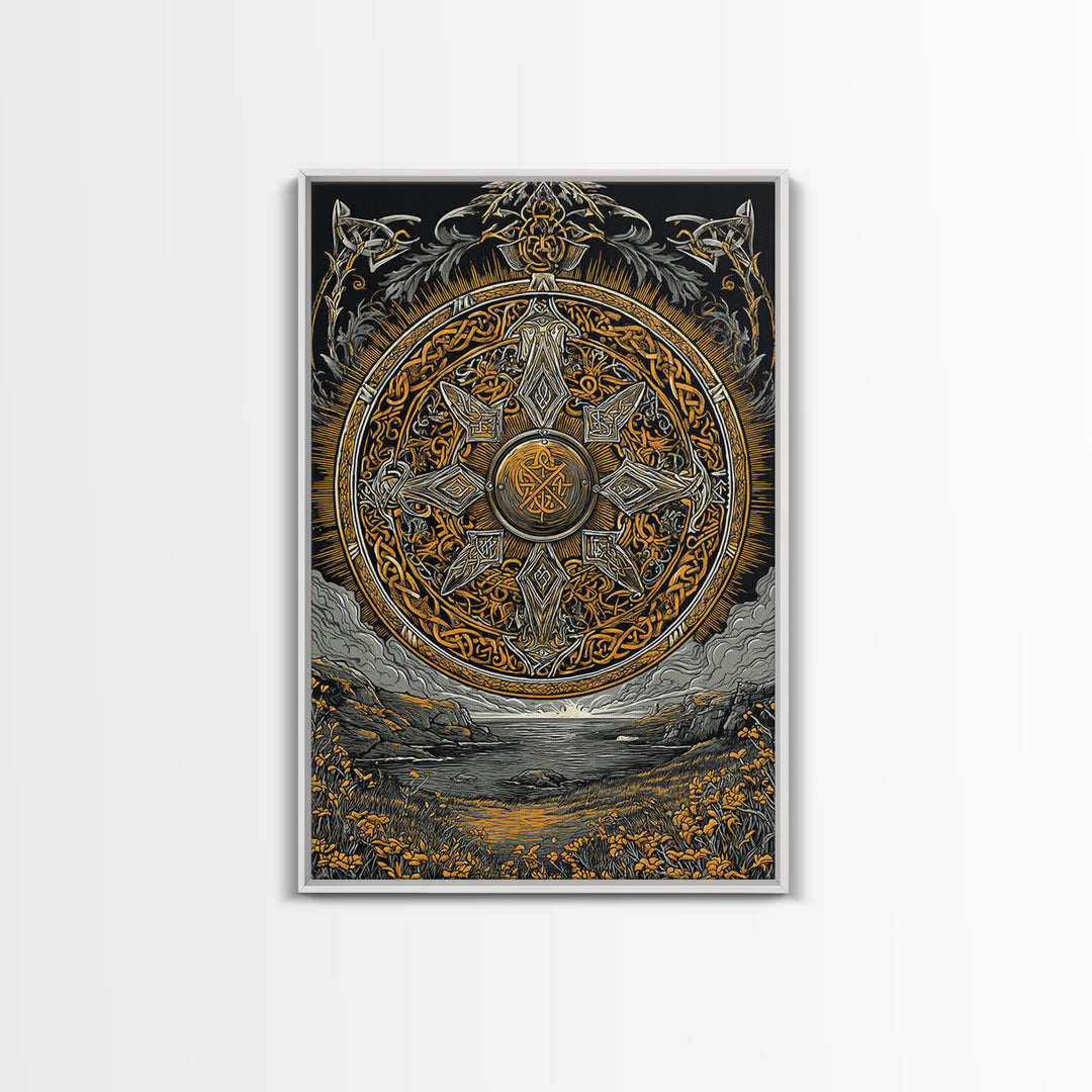 Vegvisir Compass Canvas Gold Art, Norse Mythology Canvas Art of Viking Symbol for Guidance, Man Cave or Office Decor framed in real wood