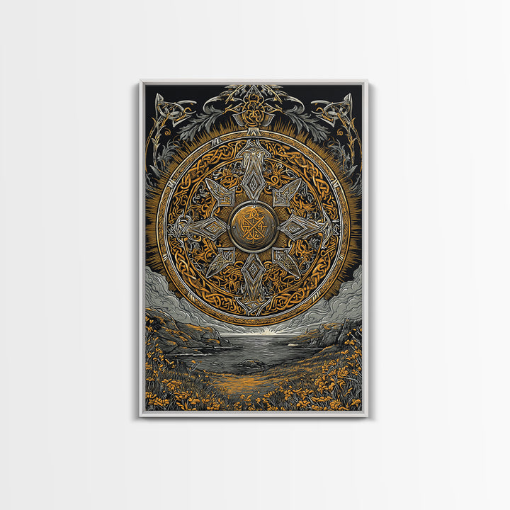 Vegvisir Compass Canvas Gold Art, Norse Mythology Canvas Art of Viking Symbol for Guidance, Man Cave or Office Decor framed in real wood