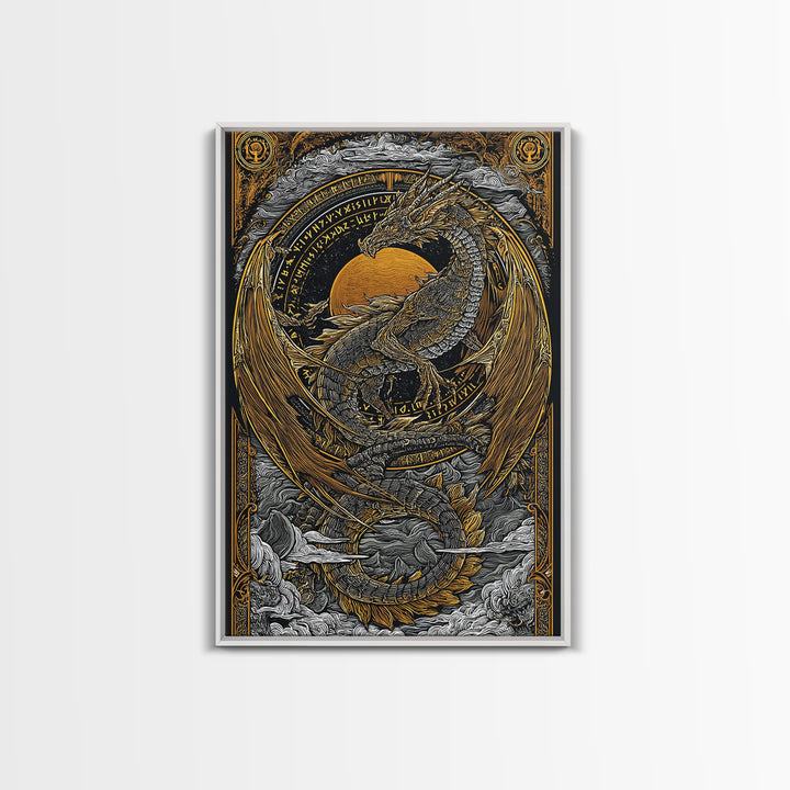 Canvas Gold Art of Jörmungandr Norse Dragon, Viking Myth Canvas Art framed in real wood, Nordic decor perfect for office or study