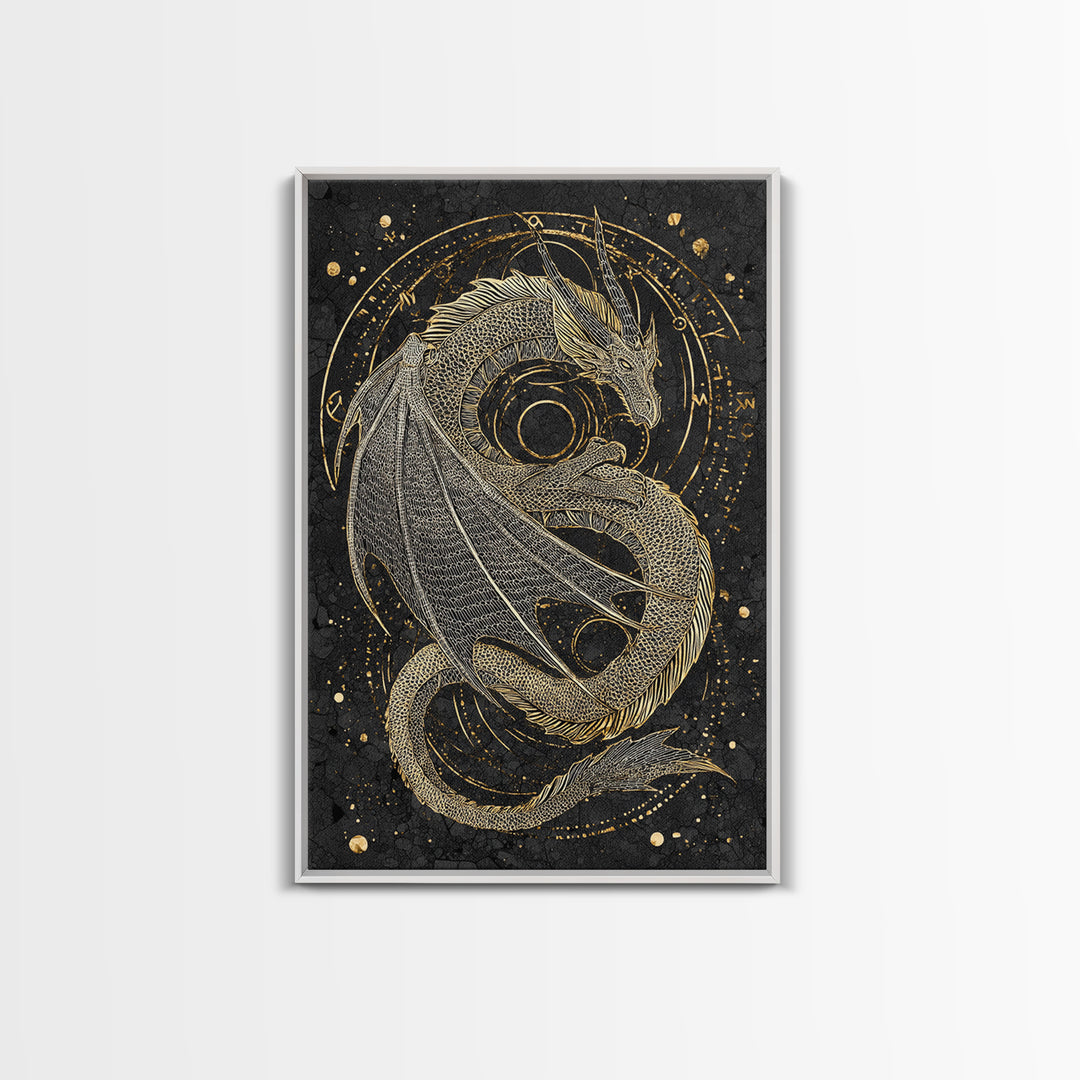 Nordic Dragon Canvas Gold Art, Viking Mythology Canvas Art for Man Cave or Office, framed in natural real wood for dad gift