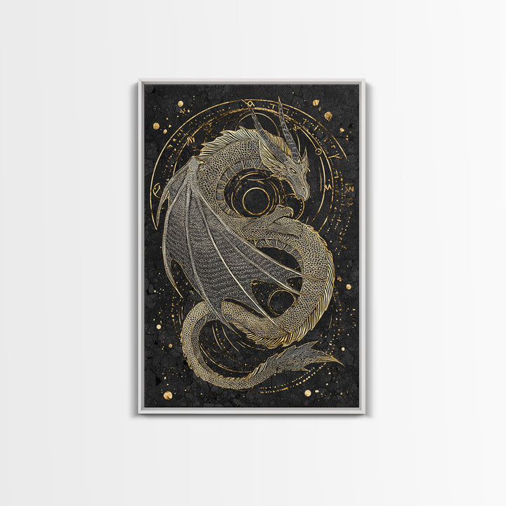 Nordic Dragon Canvas Gold Art, Viking Mythology Canvas Art for Man Cave or Office, framed in natural real wood for dad gift