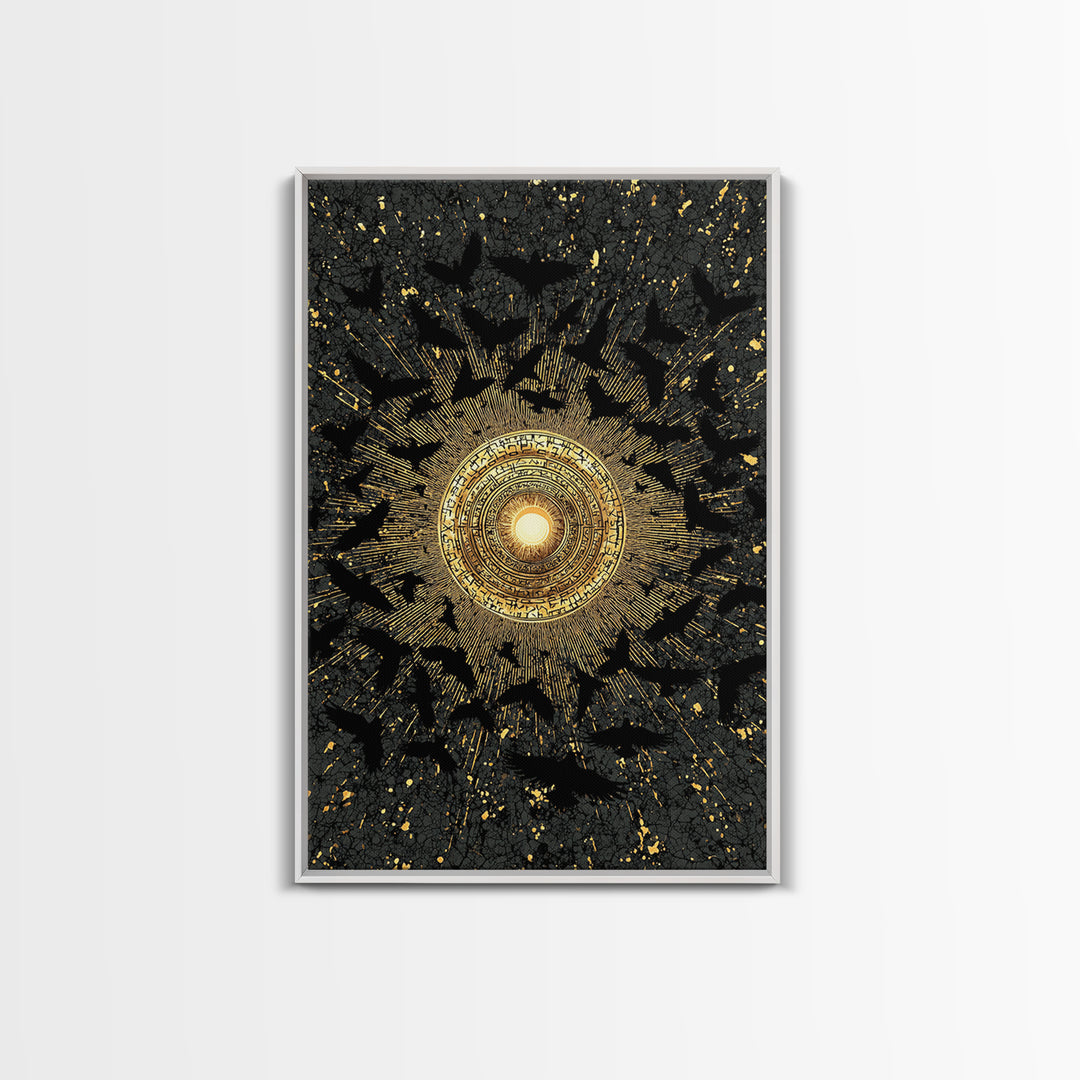 Canvas Art Norse Ravens and Sun Wheel, Canvas Gold Art Viking Decor with runes, framed in real wood, Nordic mythology gift for dad