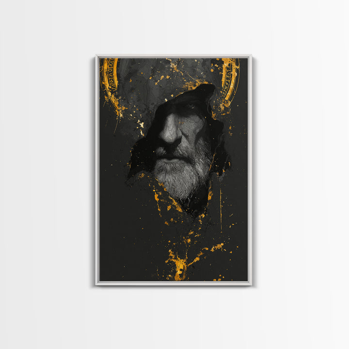 Odin Canvas Gold Art Norse God Portrait, Viking Mythology Canvas Art with real wood frame, masculine Nordic wall art for man cave