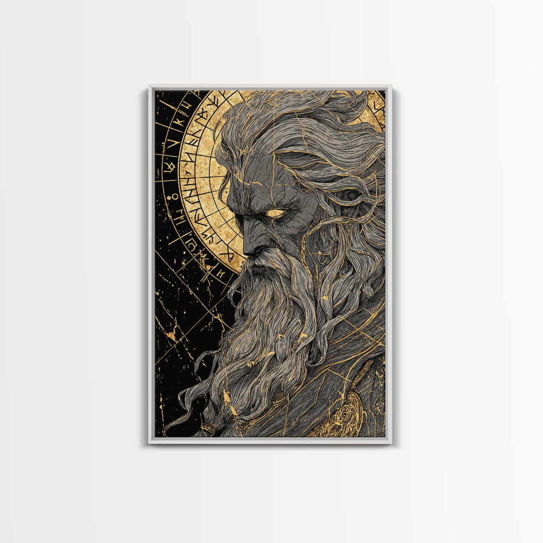 Canvas Gold Art Norse Allfather Odin, Viking Mythology Canvas Art framed in real wood, Nordic wall decor perfect as office or dad gift