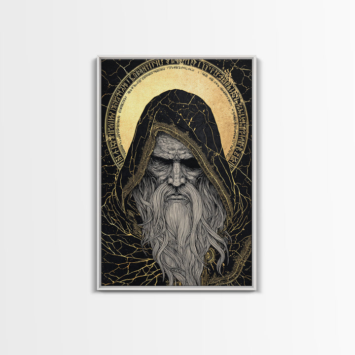 Norse God Odin Canvas Gold Art, Viking Mythology Canvas Art in natural wood frame, powerful Nordic wall art for office or man cave