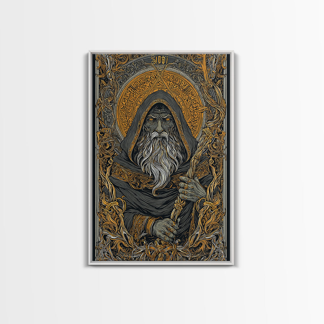 Viking Odin Canvas Gold Art, Nordic Mythology Canvas Art with real wood frame, masculine office wall art or unique Norse gift for dad