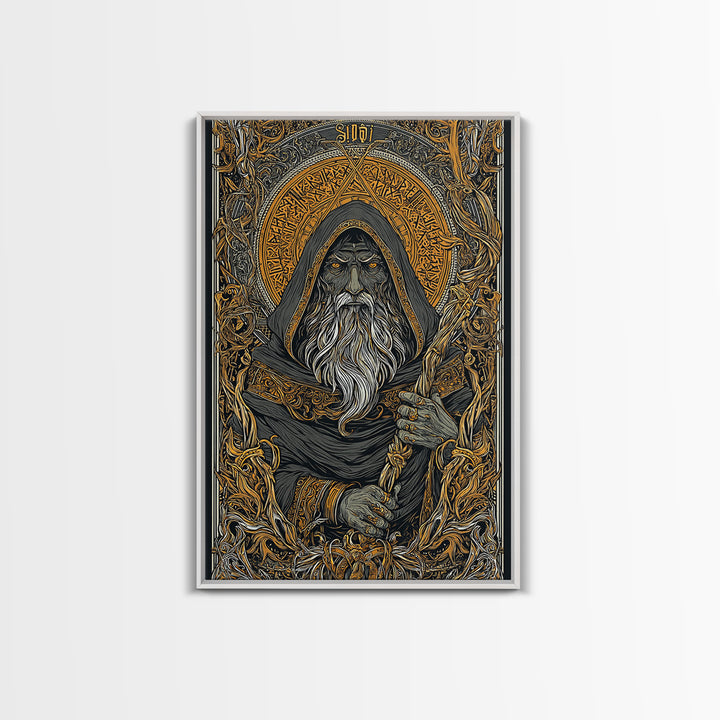 Viking Odin Canvas Gold Art, Nordic Mythology Canvas Art with real wood frame, masculine office wall art or unique Norse gift for dad