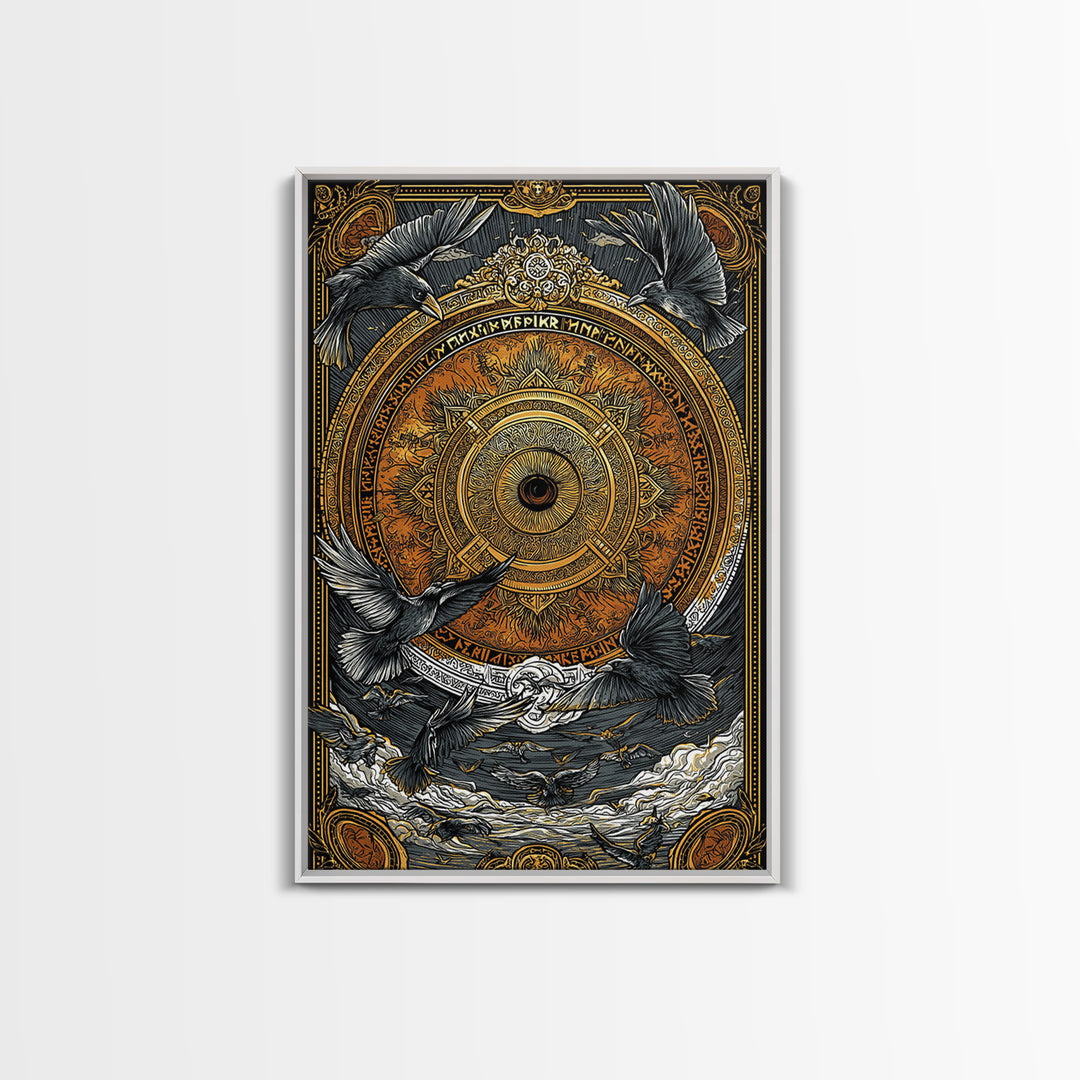 Huginn and Muninn Canvas Gold Art, Odin’s Ravens Norse Mythology Canvas Art in real wood frame, Nordic office or man cave wall decor