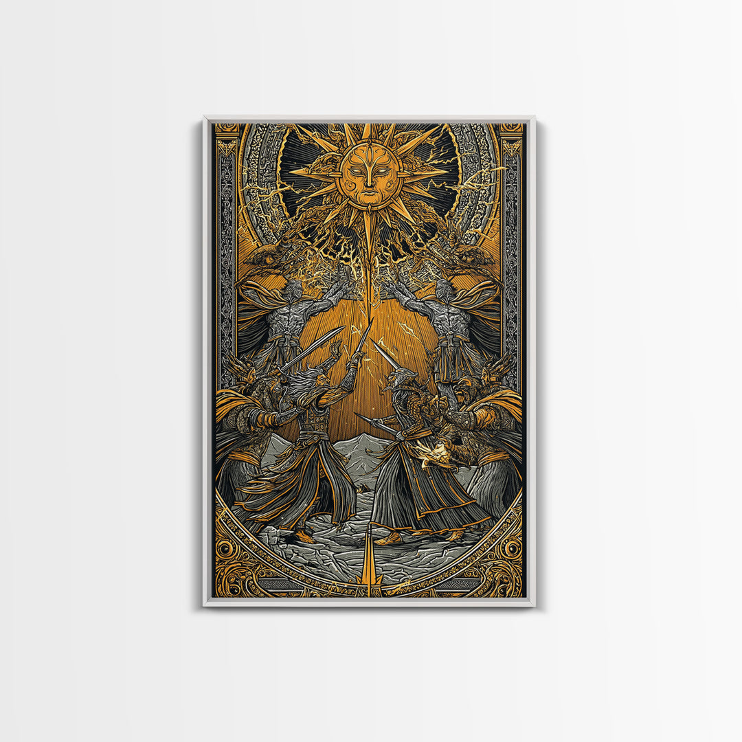 Ragnarök Battle Canvas Gold Art, Viking Apocalypse Norse Myth Canvas Art in real wood frame, Nordic wall art for man cave or office