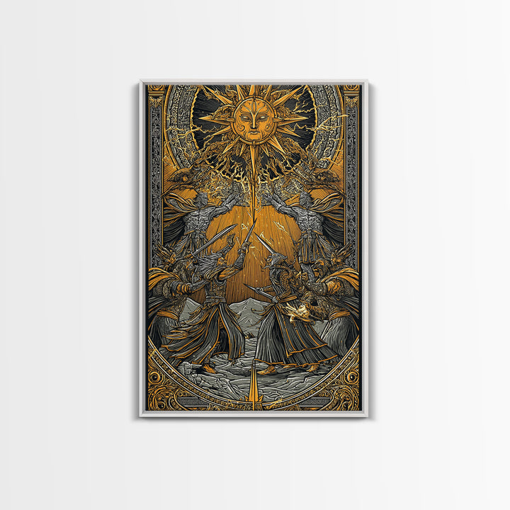 Ragnarök Battle Canvas Gold Art, Viking Apocalypse Norse Myth Canvas Art in real wood frame, Nordic wall art for man cave or office