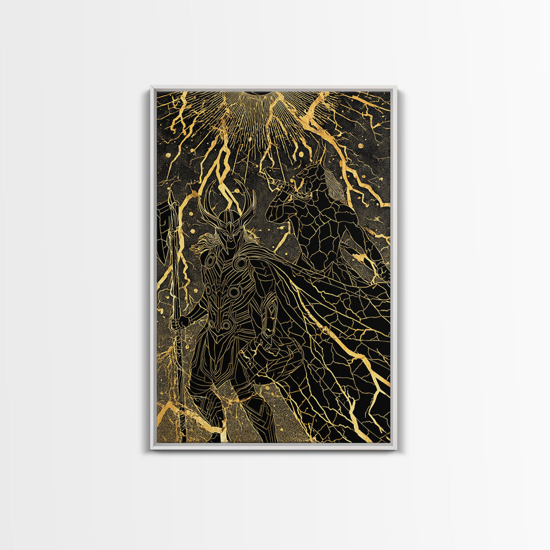 Ragnarok Norse Mythology Wall Decor, Canvas Gold Art and Canvas Art with Thor and Loki, Viking Battle Design framed in real wood