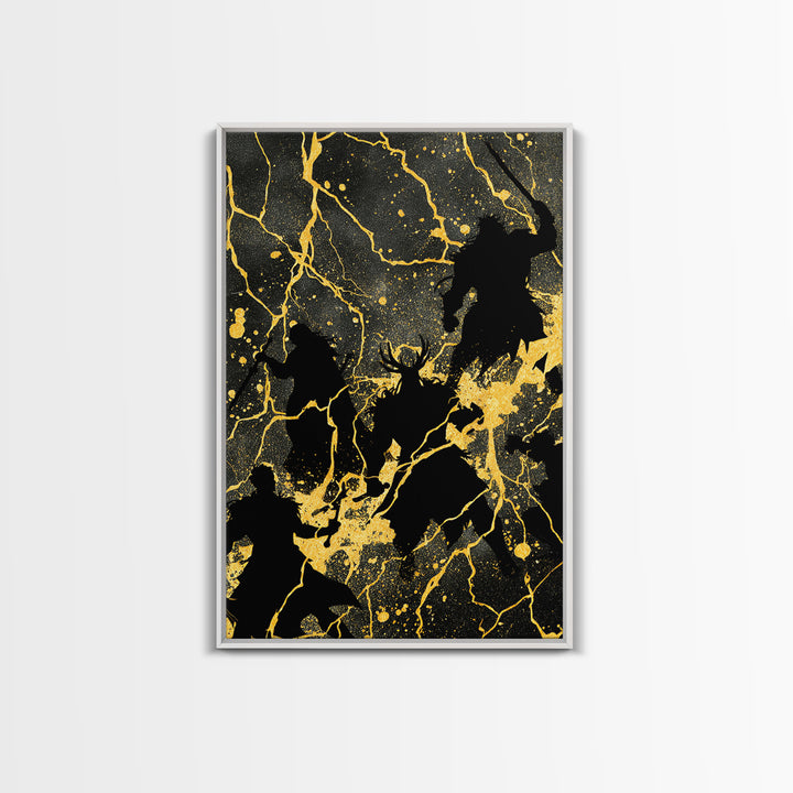 Epic Ragnarok Battle Scene Nordic Wall Art, Canvas Gold Art and Canvas Art, Norse Gods Lightning Design with natural wood frame