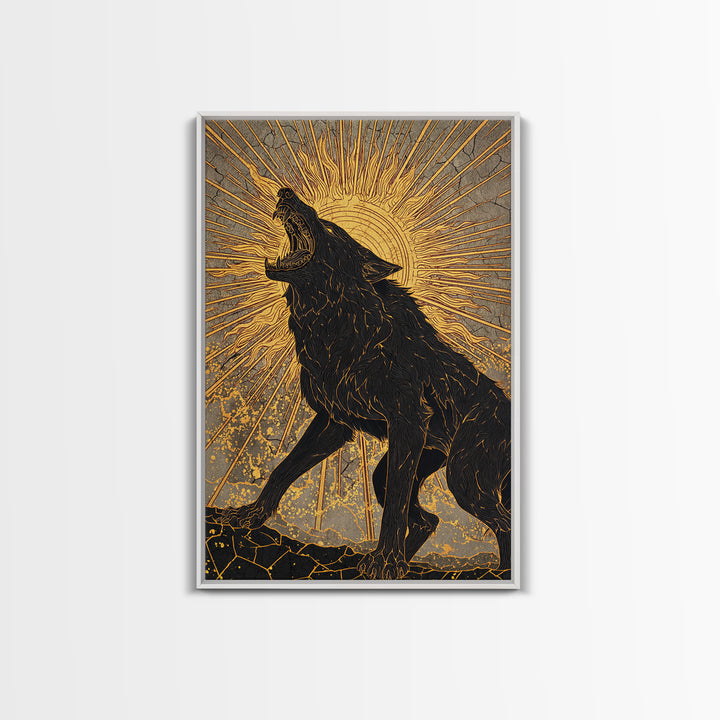 Nordic Fenrir Wolf Canvas Art, Canvas Gold Art with Norse Mythology Sun Chaser Wolf, Man Cave Decor framed in authentic wood