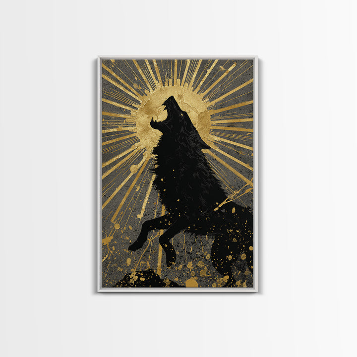 Fenrir Howling Wolf Canvas Gold Art, Norse Mythology Canvas Art with Viking Wolf Symbolism, Office Wall Decor in real wood frame