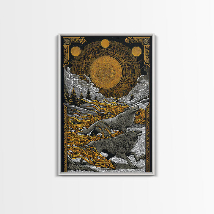 Sköll and Hati Wolves Norse Mythology Art, Canvas Gold Art and Canvas Art, Viking Wolf Chasing Sun and Moon framed in wood