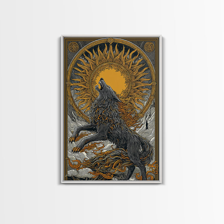 Fenrir Wolf Ragnarok Canvas Art, Canvas Gold Art with Norse Mythology Theme, Viking Wolf Office Wall Decor framed in real wood