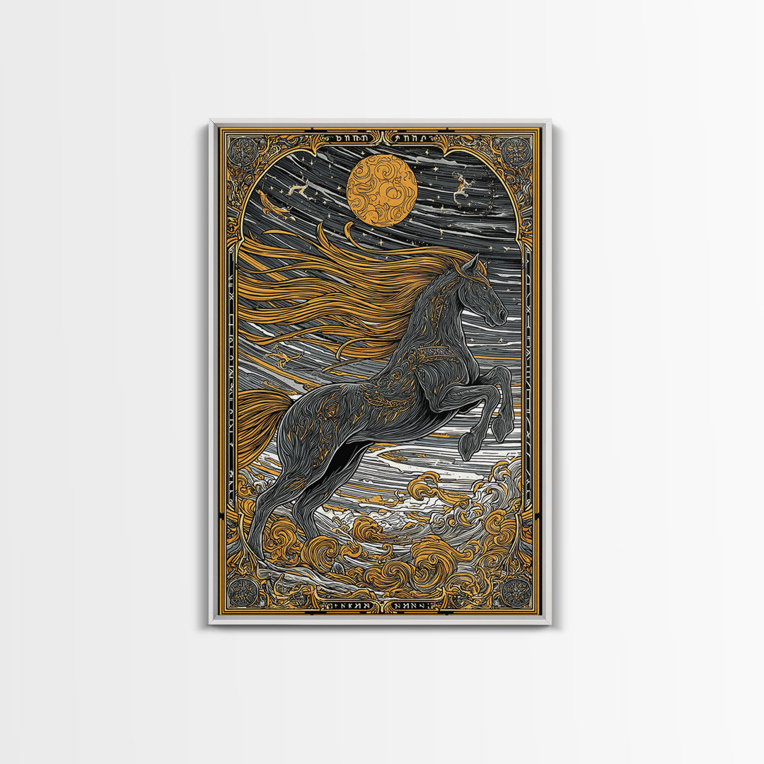 Sleipnir Norse Myth Horse Wall Decor, Canvas Gold Art and Canvas Art, Viking Equestrian Nordic Office Art framed in natural wood