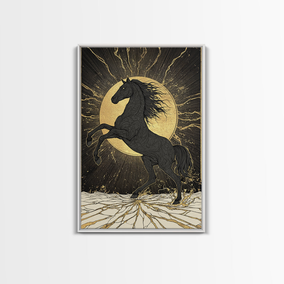 Sleipnir Norse Horse Canvas Gold Art Nordic Mythology Canvas Art for Office or Man Cave, framed in natural real wood