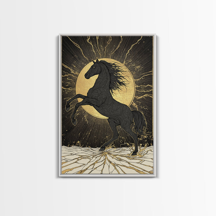 Sleipnir Norse Horse Canvas Gold Art Nordic Mythology Canvas Art for Office or Man Cave, framed in natural real wood