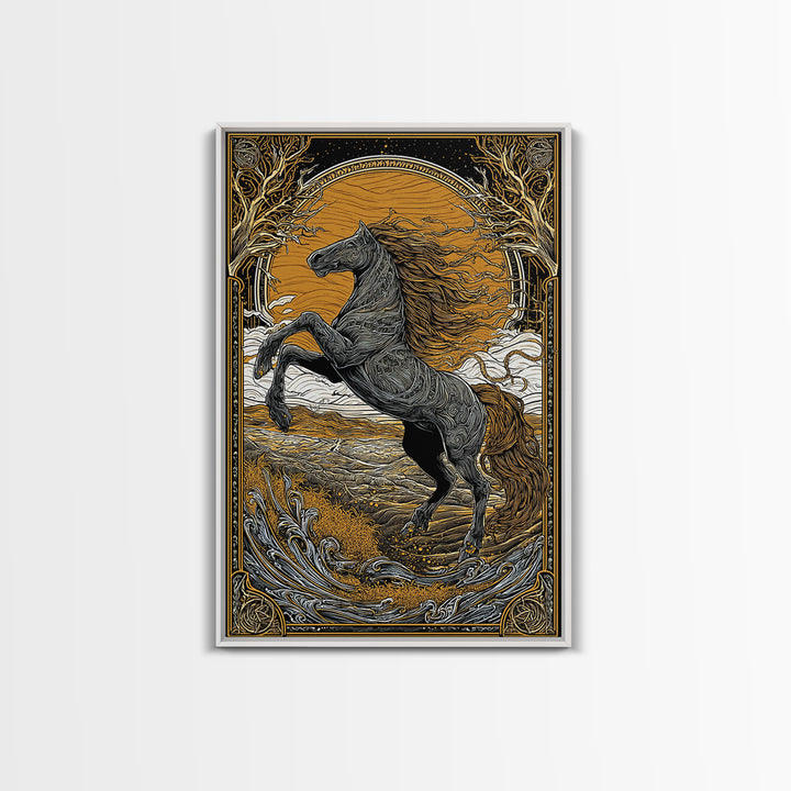 Canvas Gold Art Sleipnir Norse Mythology Horse Wall Canvas Art Nordic Viking Decor Dad Gift Office Art in rustic real wood frame