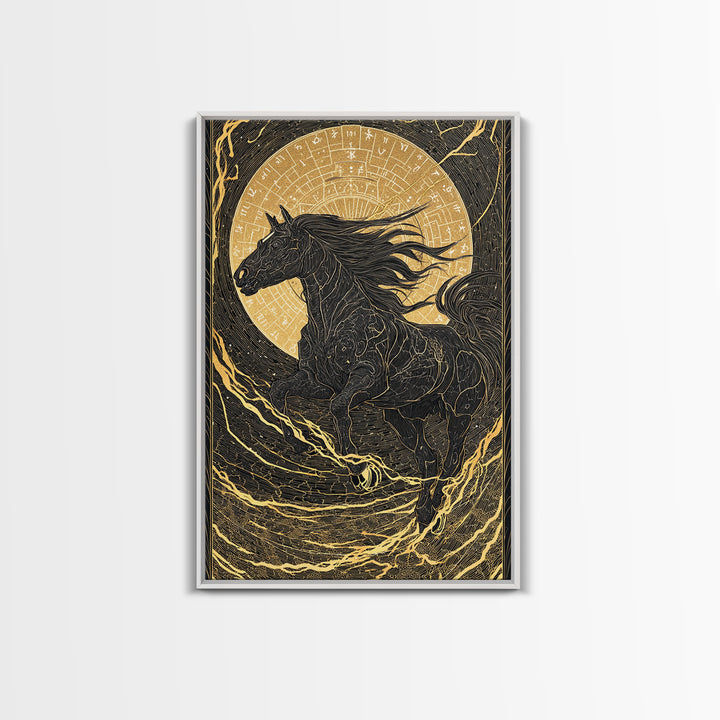 Sleipnir Odin’s Horse Norse Mythology Wall Decor, Canvas Gold Art and Canvas Art, Viking Horse Office Art framed in real wood