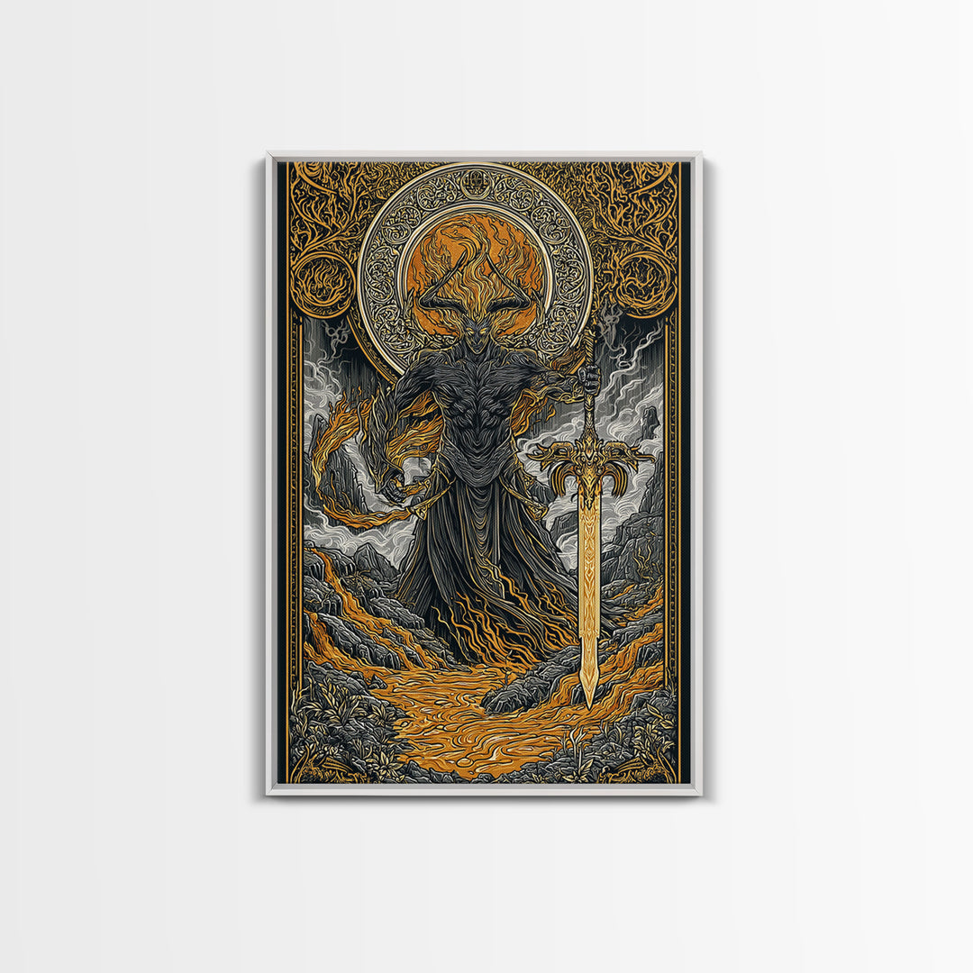 Surtur Fire Giant Norse Mythology Canvas Gold Art Viking Canvas Art Dad Gift Office Wall Decor framed with natural real wood