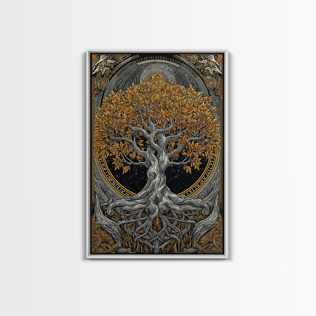 Yggdrasil World Tree Canvas Gold Art Canvas Art Norse Mythology Decor framed in natural wood for Office Wall or Man Cave Gift