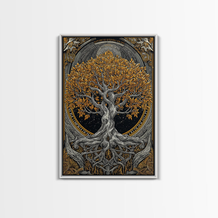 Yggdrasil World Tree Canvas Gold Art Canvas Art Norse Mythology Decor framed in natural wood for Office Wall or Man Cave Gift