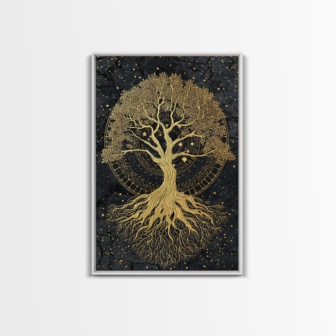 Nordic Yggdrasil Tree of Life Canvas Gold Art Canvas Art with real wood frame, Norse Mythology Office Decor and Dad Gift Idea