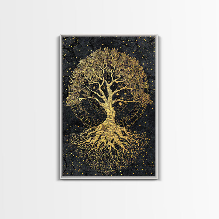 Nordic Yggdrasil Tree of Life Canvas Gold Art Canvas Art with real wood frame, Norse Mythology Office Decor and Dad Gift Idea